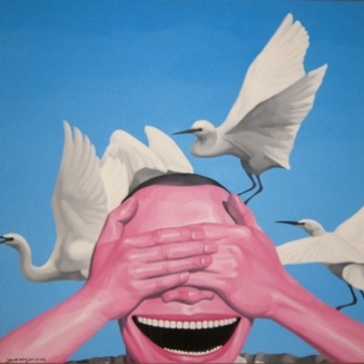 yue-minjun-sky-animal-human-being-paintings-acrylic